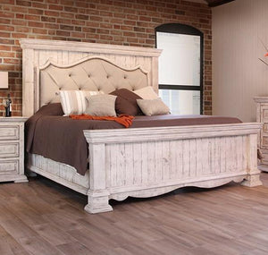 Bella Vintage White Upholstered Queen Mansion Bed by International Furniture - Cox Furniture and Flooring